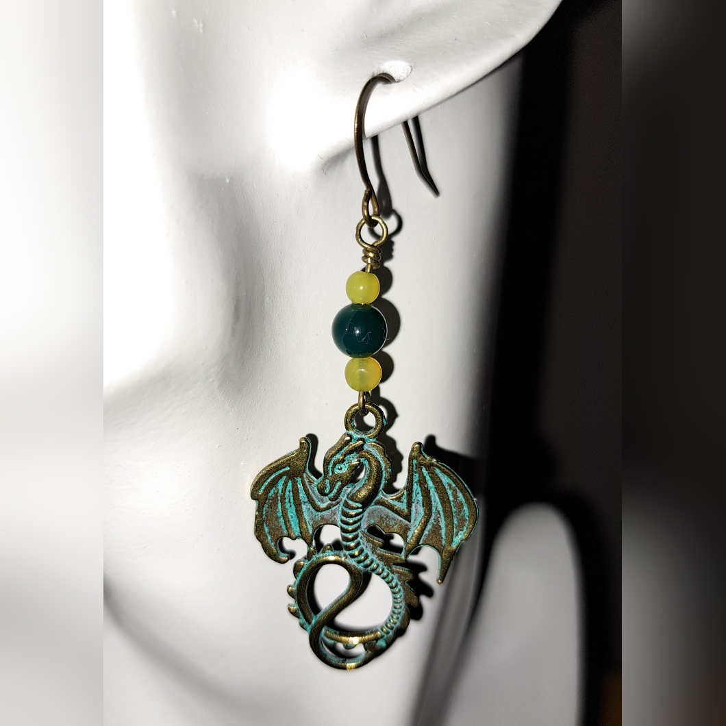 Green & Yellow Agate Beads With Patina Bronze Dragon Charm Dangle Earrings